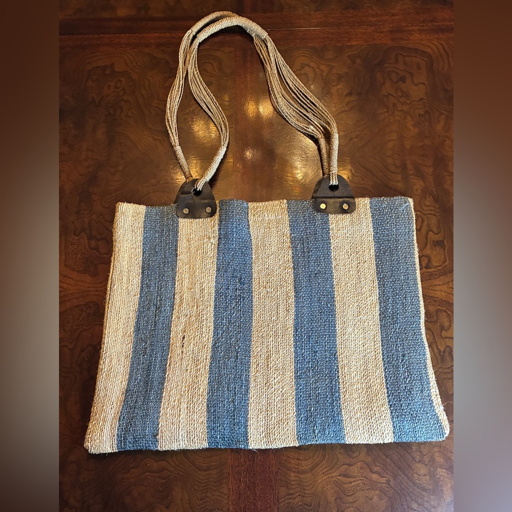 Striped Blue & Cream Raffia Woven Tote/Beach Bag, Leather Detail, Velcro Close